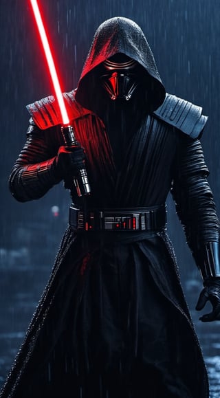 One man, mask, hoody, black armor, ((holding one red lightsaber)), moon, full body
| wet surfaces, rain, lightning, sparks, VFX
| builings, (masterpiece, best quality, ultra-detailed, best shadow),Movie Still,Film Still,Cinematic,HZ Steampunk,cyberpunk style