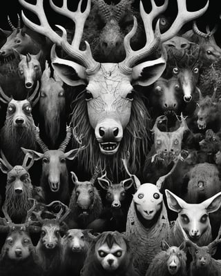 darkart, random creepy pasta characters, scary, disturbing, chilling, horrified , ((multiple eyes, on the face  of different animals, beings and creatures)), he has antlers on his head, he is bald, his mouth is broken and only his lower jaw is shown