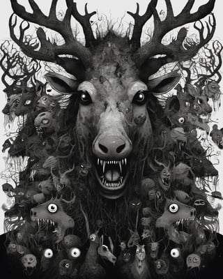 darkart, random creepy pasta characters, scary, disturbing, chilling, horrified , ((multiple eyes, on the face  of different animals, beings and creatures)), he has antlers on his head, he is bald, his mouth is broken and only his lower jaw is shown