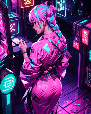 beautiful woman, yukata, long braids, top view, looking_at_viewer, power effect, fog, tatoos, pastel colors, artwork_(digital), digital painting, vibrant color, neon light, tokyo stand