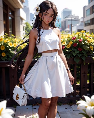 (1girl), beautiful woman:(dark skin,long hair,flower cute skirt,white top), hourglass body shape