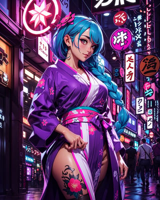 beautiful woman, yukata, long braids, bottom view, looking_at_viewer, power effect, fog, tatoos, pastel colors, artwork_(digital), digital painting, vibrant color, neon light, tokyo stand