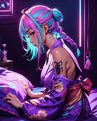 beautiful woman, yukata, long braids, side view, looking_at_viewer, power effect, fog, tatoos, pastel colors, artwork_(digital), digital painting, vibrant color, neon light, on the bed in the bedroom