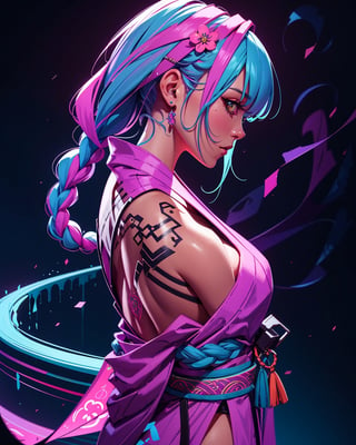 beautiful woman, yukata, long braids, side view, looking_at_viewer, power effect, fog, tatoos, pastel colors, artwork_(digital), digital painting, vibrant color, neon light, epic background