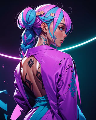 beautiful woman, yukata, long braids, bottom view, looking_at_viewer, power effect, fog, tatoos, pastel colors, artwork_(digital), digital painting, vibrant color, neon light, tokyo stand