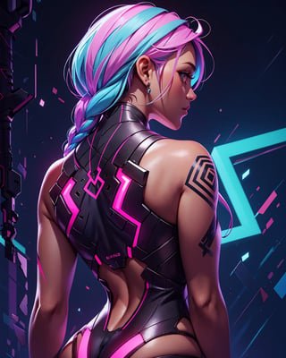 beautiful woman, long braids, back view, looking_at_viewer, power effect, fog, tatoos, pastel colors, artwork_(digital), digital painting, vibrant color, neon light