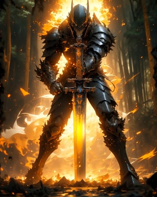 (1girl), beautiful woman, paladin, large shield, paladin armor, very large sword in hand, fire particles floating around, battlefield, action position, dynamic position, forest, High detailed ,r1ge, (yellow theme:1.2)