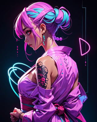 beautiful woman, yukata, long braids, side view, looking_at_viewer, power effect, fog, tatoos, pastel colors, artwork_(digital), digital painting, vibrant color, neon light