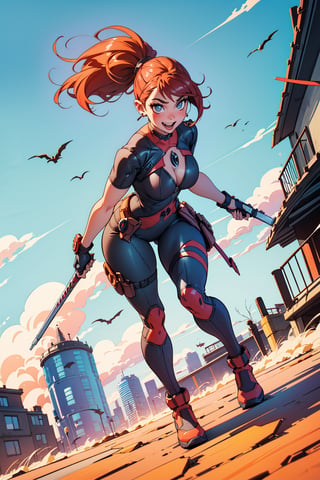 beautiful, crazy, happy girl, full body, sexy pose, (curvy body), (defined body), big breasts, hands on body, dressed as (she deadpool) nose pierced, rebellious girl, long hair , side bangs, highly detailed light blue eyes, action background, extremely detailed, center image, bright sides