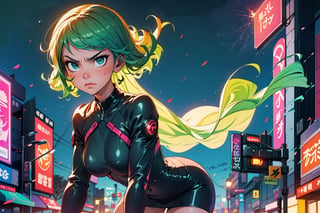 Tatsumaki, masterpiece, best quality, (detailed background), (beautiful detailed face, beautiful detailed eyes), high resolution, ultra detailed, masterpiece, best quality, detailed eyes, frown, green_eyes, green_hair, floating, dark (dark bodycon dress), long sleeves, high neck, Tatsumaki, girl, full body, sexy pose, alluring, erotic pose, seductive, curly, tight clothing, in the city, midnight, cyberpunk scene, neon lights, wind visual effects , splash, green lightning, light particles, electric, dj theme, synthwave theme (bokeh: 1.1), depth of field,TatsumakiOPM