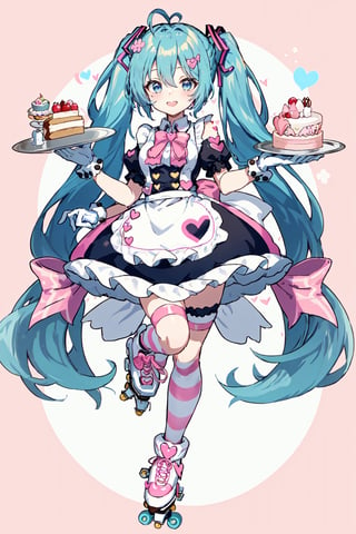 Hatsune Miku, Cherry Blossom Miku, hair ribbon, full body, heart hair ornament, chibi, frilled dress, puffy short sleeves, holding plate, 4girls, blue eyes, wrist cuffs, blonde hair, cake, holding tray, skates, pink footwear, multicolored hair, very long hair, multiple boys, 2boys, holding, fork, twintails, bow, heart, white gloves, back bow, waist apron, string of flags, puffy sleeves, shoes, cupcake, food, dot nose, holding wand, ahoge, multiple girls, clothing cutout, standing on one leg, hair ornament, pink ribbon, roller skates, frilled apron, minigirl, pink bow, hair bow, white apron, solo focus, thigh strap, looking at viewer, smile, aqua hair, standing, collared dress, dress, striped, short sleeves, striped background, frills, hairclip, plate, tattoo, tray, long hair, brown hair, blue dress, shoulder tattoo, gloves, miniboy, aqua eyes, apron, ribbon, blue hair