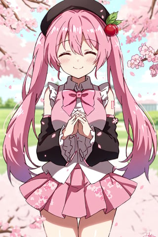 Hatsune Miku, Cherry Blossom Miku, bowtie, pink hair, own hands together, blurry background, cherry hair ornament, long sleeves, black headwear, closed eyes, very long hair, closed mouth, twintails, bow, sleeves past wrists, pink skirt, skirt, shirt, hat, cherry blossoms, bangs, hair ornament, depth of field, pink bow, signature, blurry, smile, cowboy shot, solo, pink theme, frills, pleated skirt, petals, long hair, branch, hair between eyes, white shirt, beret, food-themed hair ornament, 1girl, pink bowtie