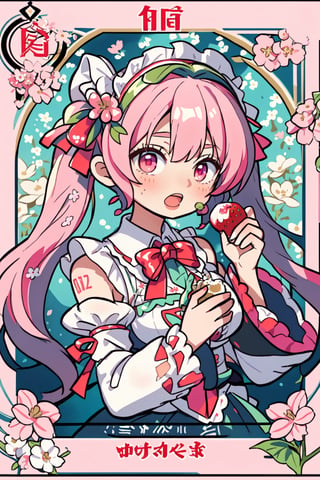 Hatsune Miku,Cherry Blossom Miku, pink hair, tarot card style, hair ribbon, bowtie, holding food, bare shoulders, fruit, red bowtie, frilled hairband, very long hair, maid headdress, holding, :o, twintails, bow, frilled sleeves, puffy sleeves, food, strawberry, detached sleeves, bangs, hair flower, hair ornament, open mouth, red bow, white sleeves, looking at viewer, flower, red ribbon,upper body, dress, solo, frills, long hair, sleeveless, white flower, white dress, holding fruit, 1girl, pink eyes, ribbon, in the style of Alphonse Mucha, Art Nouveau