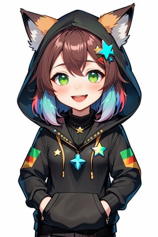 Niji_Emote, chibi, emoji twitch emote, stickers,  1girl, solo, blush, smile, brown hair, shirt, jewelry, blue hair, jacket, upper body, multicolored hair, earrings, green hair, teeth, dark skin, hood, necklace, star (symbol), dark-skinned female, hoodie, turtleneck, hooded jacket, black sweater, fox ears, anthro, animal ears, animal ear fluff, 
