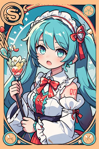 Hatsune Miku, tarot card style, hair ribbon, bowtie, holding food, bare shoulders, fruit, red bowtie, frilled hairband, very long hair, maid headdress, holding, :o, twintails, bow, frilled sleeves, puffy sleeves, food, strawberry, detached sleeves, bangs, hair flower, hair ornament, open mouth, red bow, white sleeves, looking at viewer, flower, red ribbon, aqua hair, upper body, dress, solo, frills, long hair, sleeveless, white flower, white dress, holding fruit, 1girl,  aqua eyes, ribbon, in the style of Alphonse Mucha, Art Nouveau