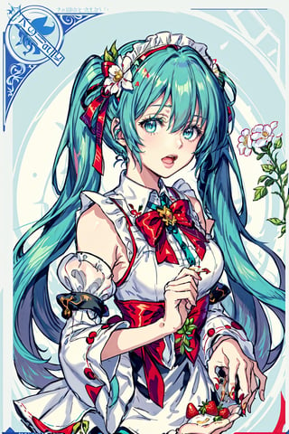 Hatsune Miku, tarot card style, hair ribbon, bowtie, holding food, bare shoulders, fruit, red bowtie, frilled hairband, very long hair, maid headdress, holding, :o, twintails, bow, frilled sleeves, puffy sleeves, food, strawberry, detached sleeves, bangs, hair flower, hair ornament, open mouth, red bow, white sleeves, looking at viewer, flower, red ribbon, aqua hair, upper body, dress, solo, frills, long hair, sleeveless, white flower, white dress, holding fruit, 1girl,  aqua eyes, ribbon, in the style of Alphonse Mucha, Art Nouveau