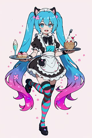 Hatsune Miku, Cherry Blossom Miku, full body, bowtie,  blue eyes, animal, striped thighhighs, animal ears, white background, black footwear, ice cream, holding tray, :d, multicolored hair, very long hair, parfait, holding, thighhighs, twintails, bow, puffy sleeves, shoes, waitress, food, black bow, bangs, standing on one leg, open mouth, gradient hair, pink dress, frilled apron, hair bow, white apron, looking at viewer, smile, aqua hair, standing, dress, striped, solo, short sleeves, frills, tray, long hair, hair between eyes, 1girl, simple background, aqua eyes, apron, puffy short sleeves