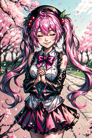 Hatsune Miku, Cherry Blossom Miku, bowtie, pink hair, own hands together, blurry background, cherry hair ornament, long sleeves, black headwear, closed eyes, very long hair, closed mouth, twintails, bow, sleeves past wrists, pink skirt, skirt, shirt, hat, cherry blossoms, bangs, hair ornament, depth of field, pink bow, signature, blurry, smile, cowboy shot, solo, pink theme, frills, pleated skirt, petals, long hair, branch, hair between eyes, white shirt, beret, food-themed hair ornament, 1girl, pink bowtie