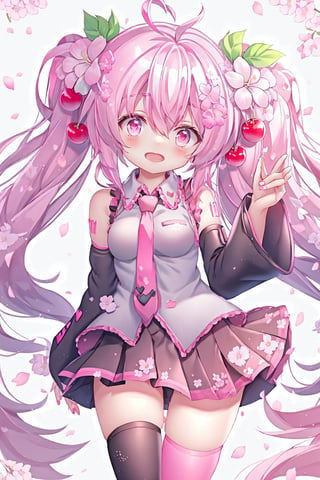 Hatsune Miku, Cherry Blossom Miku, ahoge, detached sleeves, hair flower, very long hair, solo, hair ornament, open mouth, thighhighs, twintails, long hair, heart, necktie, skirt, pink eyes, 1girl, flower