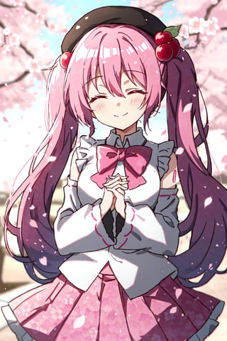 Hatsune Miku, Cherry Blossom Miku, bowtie, pink hair, own hands together, blurry background, cherry hair ornament, long sleeves, black headwear, closed eyes, very long hair, closed mouth, twintails, bow, sleeves past wrists, pink skirt, skirt, shirt, hat, cherry blossoms, bangs, hair ornament, depth of field, pink bow, signature, blurry, smile, cowboy shot, solo, pink theme, frills, pleated skirt, petals, long hair, branch, hair between eyes, white shirt, beret, food-themed hair ornament, 1girl, pink bowtie