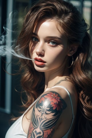 extremely beautiful and gorgeous girl smoking, tattoos