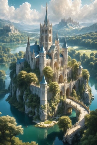 A majestic aerial view of a fantasy world, where two Elven marble castles stand majestically on a cliff, connected by arched bridges that stretch across the crystal-clear waters of a serene lake. The surrounding landscape is dotted with towering white trees, their delicate branches swaying gently in the breeze. A mountain range stretches out to the horizon, its peaks shrouded in misty clouds. In the distance, a magnificent cathedral and tower rise from the city's heart, bathed in warm sunlight that casts a golden glow on the lush greenery below.