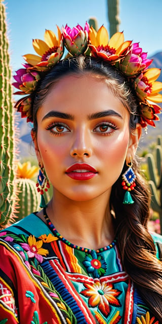  Hyperrealism Latina beauty with flawless skin, intricate details of facial features, and expressive eyes, wearing a traditional embroidered Mexican dress with vibrant colors and intricate patterns, set against a backdrop of a blooming cactus garden under the bright sun, capturing the essence of cultural richness and natural beauty