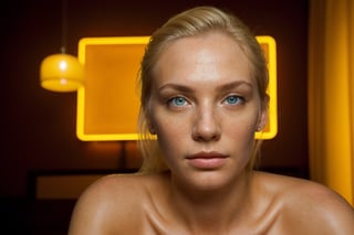 (8k, RAW photo, photorealistic:1.25), (highly detailed skin:1.2), ((looking at viewer)),(( Blonde)), Serene, Caucasian, pale skin, wearing only a white men's shirt, sitting in a dark Pulp Fiction type hotel room with neon lighting, best quality, masterpiece, detailed perfect realistic eyes and detailed face, body shot, cinematic lighting, extremely detailed, wide angle lens