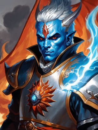 masterpiece, best quality, greg rutkowski, 

Dungeons and Dragons Air Genasi, Paladin, Portrait from Waistline to Top of Head, Male with Wispy Grey Hair with fire red Highlights, male, pointy Ears, Long Length Male Hair, Heterochromia black Eye and orange Eye, Storm in Background, Sharp Image Detail, flurocent Blue and Silver Armor, (Colored Skin, Blue Skin:1.2)

, very detailed, high resolution, sharp, sharp image, 4k, 8k,oni style