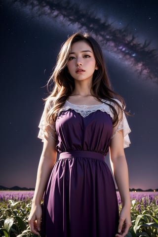 I girl, standing in a corn field,windy Twilight, Star in sky, the girl gazing the stars, seeing sky,(purple shade tone sky:1.1), realistic, very detailed, High quality background, dreamy like image, flawless beautiful pictures,mood setting aura