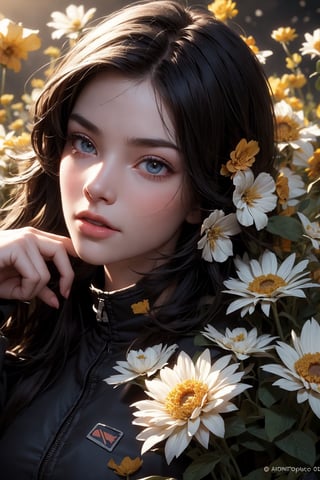 cute girl,gorgeous eyes,,((flower body )), cleavege, ((background of distopian desert)), ((((metal flowers)))), (((wrecked spacecrafts))),realistic realisn, very detailed, horror, soft light, realistic render,4k,((high angle shot)) realism, trending on artstation.,Detailedface,Detailedeyes