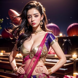 1girl, cute detailed face,detailed body,shiny skin and slender body, purple gradients hair, dancing,( cleavage saree:1.6), pink purple gradient ,(sheer see-through fabric:1.4), background of lavender field, purple cosmic sky and stars, flying pink air balloon in background, realistic, sunset at background,realism, Ultra hd, (masterpiece:1.2), (high-quality:1.4),xxmixgirl,High detailed ,Detailedface, background blur, flim style.,(EnergyVeins:1.4),Detailedeyes