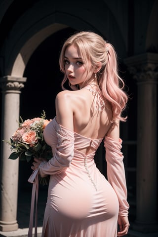 (Masterpiece:1.1),( best quality 1.2),1girl,18 old blonde, hourglass body ,slim, perfect, cleavage,( peach pink halter neck dress :1.3) (detached sleeve:1.2),bride standing ,holding Bridal Bokeh bouquet Flower, (intricate designed arch:1.3),hand (peach pink colour,smooth tone, muted color :1.4),realistic, realism, Ultrahd,4k,(decorated stage on beach background 1.8), sunshine from behind,4k , realistic photography, realistic like, raw image , HDR,(flim noir1.3),blurry_light_background,Detailedface,Detailedeyes,solo,breasts