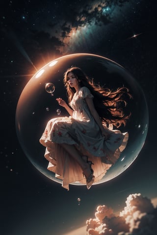 Realistic fantasy, High quality, Ultra Realistic,HDR,8K, High resolution, potrait photography, masterpiece, insanely detail, very detailed face and body, 1girl, ((full body floating in sky)), flowy dress, ((floating color bubbles)), colorful, short_skirt,sky, stars, celestial body, planets far away, atmosphere, (dreamy world:1.4), cinematic shot, low angle shot, High contrast, smooth,Detailedface,perfecteyes,(FFIXBG:1.2),Circle