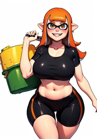 masterpiece, best quality, 1girl, solo, female focus, smile, smirk, looking at viewer, blush, teeth, fangs, dynamic pose, splatoon 1, inkling girl, inkgirl1, orange hair, long hair, bangs,shirt, bike shorts, white baggy crop top,paint splatter background, black background, voluptuous body,big breasts, big hips and ass