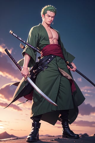 solo, male focus, 1boy, roronoa zoro, scar, muscular male, left eye closed, scar across left eye, japanese clothes, green kimono, full_body, anime style , anime version,with his three sword,serious face, fighting style pose,4k,3k,4k resolution,high_resolution,High quality,normal face , fighting pose 