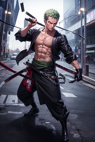 solo, male focus, 1boy, roronoa zoro, scar, muscular male, left eye closed, scar across left eye, japanese clothes, green kimono, full_body, anime style , anime version,with his three sword,serious face, fighting style pose,4k,3k,4k resolution,high_resolution,High quality,normal face , fighting pose ,face similar to anime , using asura power 