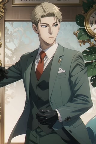 Mrs forger,male focus, 1boy, twilight \(spy x family\), expressionless, closed mouth,short blonde hair, formal, green suit, red necktie, green pants, black gloves, anime version ,4k resolution, High quality High resolution, anime style , holding  AK—47 gun