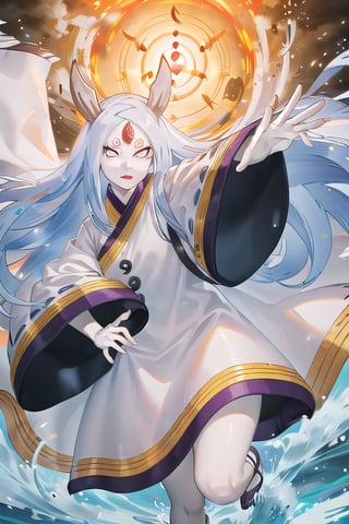 masterpiece,best quality,highly detailed,ultra-detailed,an extremely delicate and beautiful,masterpiece,1girl, solo,kaguya,mature female,  long hair, absurdly long hair, third eye,horns,  pale skin,white short eyebrows,  otsutsuki kimono, perfect eyes,floating hair, sexy pose, High quality 7k, High resolution ,fully_clothed