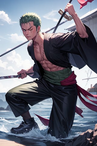 solo, male focus, 1boy, roronoa zoro, scar, muscular male, left eye closed, scar across left eye, japanese clothes, green kimono, full_body, anime style , anime version,with his three sword,serious face, fighting style pose,4k,3k,4k resolution,high_resolution,High quality,normal face , fighting pose ,face similar to anime 