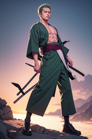 solo, male focus, 1boy, roronoa zoro, scar, muscular male, left eye closed, scar across left eye, japanese clothes, green kimono, full_body, anime style , anime version,with his three sword,serious face, fighting style pose,4k,3k,4k resolution,high_resolution,High quality ,good art work ,normal face 