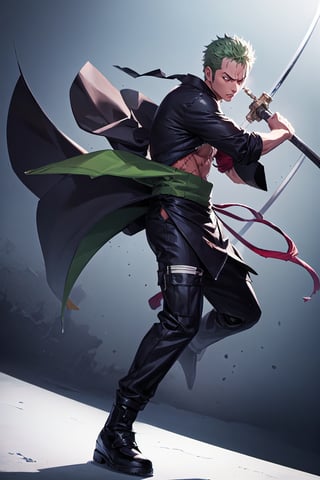 solo, male focus, 1boy, roronoa zoro, scar, muscular male, left eye closed, scar across left eye, japanese clothes, green kimono, full_body, anime style , anime version,with his three sword,serious face, fighting style pose,4k,3k,4k resolution,high_resolution,High quality,normal face , fighting pose ,face similar to anime , using asura mode