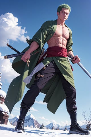 solo, male focus, 1boy, roronoa zoro, scar, muscular male, left eye closed, scar across left eye, japanese clothes, green kimono, full_body, anime style , anime version,with his three sword,serious face, fighting style pose,4k,3k,4k resolution,high_resolution,High quality,normal face , fighting pose ,face similar to anime 