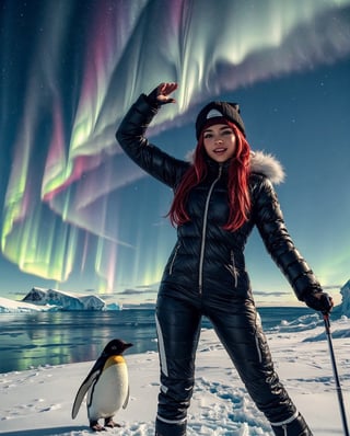 a scene in Antarctica full of penguins, icebergs, auroras in the sky with a beautiful young girl: "Generates a vibrant visual representation of a stunning tanned young woman in a beautiful landscape in Antarctica with auroras in the sky and some penguins. This captivating figure She features deep, mesmerizing eyes that reflect the expanse of Antarctica. Her loose colored hair shimmers with a touch of snow, framing her perfect figure. She is adorned in a fitted, modern winter outfit that accentuates her curves and complements her beauty. The design of the winter suit exudes confidence, security, style and protection from the cold with winter pants. The Antarctica around you is full of some penguins, polar bears, igloos and icebergs. The atmosphere is full of sounds of happiness, aurora of colors in the sky and the cheerful energy of a summer day in Antarctica. Capture the essence of winter leisure and the charm of this beautiful Caucasian woman with Japanese features against the backdrop of a lively scene in Antarctica." Super realistic, super detailed, 8k HDR photo cinematic image, super high quality image, masterpiece, ((dynamic poses, sexy poses)), happy and sexy face, drawing,snow_clothes