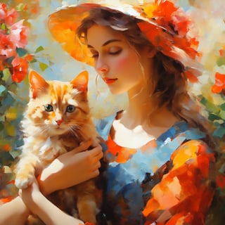 masterpiece, best quality, 1girl with cat, feline, flat color, oil painting style,oil paint,oil paint 