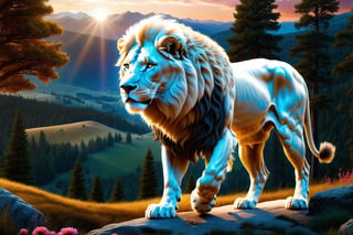 (masterpiece:1.2, highest quality), (realistic, photo_realistic:1.9), ((Photoshoot))
a big white lion, walking, a big male elk behind the lion, birds in the sky, (detailed background), (gradients), detailed colorful landscape, key visual, glowing skin.
beautiful and forest, stunning trees and flowers, stunning sunset. Medium shot. action camera. Portrait film. standard lens Golden hour lighting.
8k, UHD, high quality, frowning, intricate detailed, highly detailed, hyper-realistic,(Circle:1.4),cyborg style,mecha