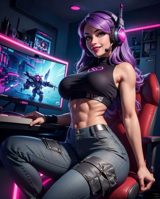 (Low-angle perspective), tanned girl (18 years old), (on a gamer, spreading legs chair smiling at viewer) with very very long legs, purple hairs, long hairs, skinny body, very tiny waist, (abs), large chest, wide hips, skiny waist, (very huge boobs, huge rounded breasts), (bright red light eyes)(smokey eyes hadow, black eyeliner, red lips), (fit cargo work pant and headset)(((lora:RoomARWgameroomconcept),(gameroomconcept),(lora:room_ARWCyberpunkInteriort)(cyberpunkinterior))),gameroomconcept,Interior,Interior 