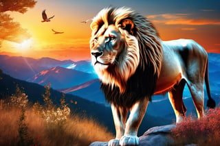 (masterpiece:1.2, highest quality), (realistic, photo_realistic:1.9), ((Photoshoot))
a big white lion, walking, a big male elk behind the lion, birds in the sky, (detailed background), (gradients), detailed colorful landscape, key visual, glowing skin.
beautiful and forest, stunning trees and flowers, stunning sunset. Medium shot. action camera. Portrait film. standard lens Golden hour lighting.
8k, UHD, high quality, frowning, intricate detailed, highly detailed, hyper-realistic,(Circle:1.4),cyborg style,mecha