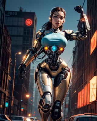 <(photorealistic:1.4), (extremely intricate:1.2)>, <(exquisitely detailed skin), cinematic light, ultra high res, 8k uhd, intricate details, Movie Light, film grain, dreamlike, best shadow, delicate, RAW>, 1girl, solo, beautiful melanin girl, (((cyborg:1.4))), cyborg girl, cyborg armor, cyborg clothing, beautiful detailed eyes, finely detail, bright pupils, turquoise eyes, full body, large breasts:0.8, (((floating hair))), looking at viewer, pov, female focus, puffy eyes, long hair, gorgeous hair, air bangs, dynamic pose, dynamic angle, close-up, thighs open, showing panties, boobs exposed, fighting stance, fighting pose, run forward, running,(((golden metallic color | red metallic color | blue metallic color))),(((Metallic luster, metal reflective, mechanical details, extremely mechanical details, complex mechanical structure))), (((Mirrored Power Armor, fallout 4, fallout))), defeated, corpse, bleed, battlefield, mechanized background, giant robot in the background, outdoors, cinematic lighting, Cyberpunk world. Cyberpunk metropolis, neon, Sci-fi style, sfw:1.98,