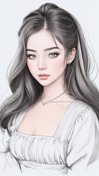 Woman, b/w outline art, full white, white background, coloring style, Sketch style, Sketch drawing,JeeSoo 